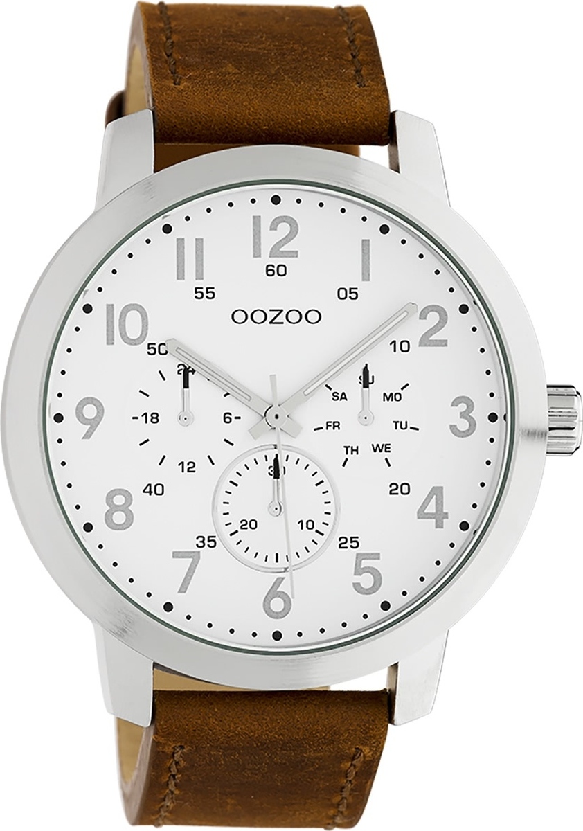 Oozoo pánske hodinky Chrono Look s koženým remienkom 45 MM strieborná farba/biela/hnedá C10505