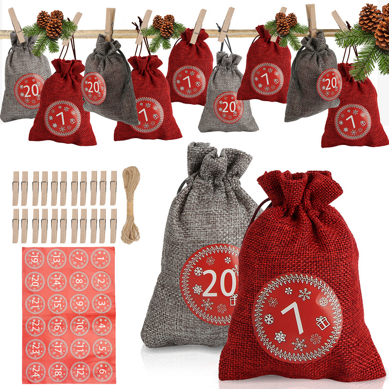 Jayseuw 24 adventných kalendárov na plnenie, látkové vrecká Vianočné darčekové vrecká na vianočné kalendáre, adventné kalendáre s darčekovými visačkami s číslami 1-24, červené/sivé