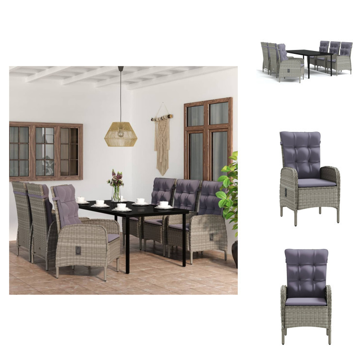 vidaXL 7-dielny záhradný jedálenský set s vankúšmi sivý a čierny - Záhradné nábytkové zostavy