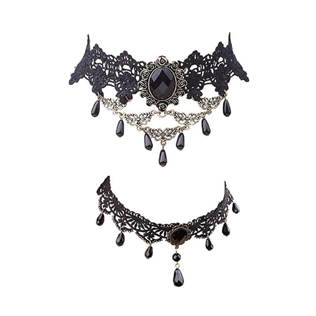 Zimtky Gothic Halskette Set Schwarz Halsschmuck Damen Spitze Kette Damen Gotisch Choker Zubehör Vintage Halsband Victorian Schmuck für Halloween Pfingsten Maskerade Karneval Fasching Halloween Outfit,2 Stück ZLN-20240913-KA177CJ177