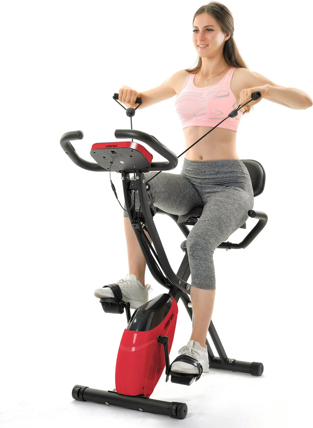 Merax Exercise Bike Fitness Bike 3-in-1 X-bike s expandérmi a ručnými snímačmi pulzu, magnetický skladací fitness bicykel s 10 úrovňami odporu, fitness vybavenie, Max. Hmotnosť používateľa 120 kg, červená