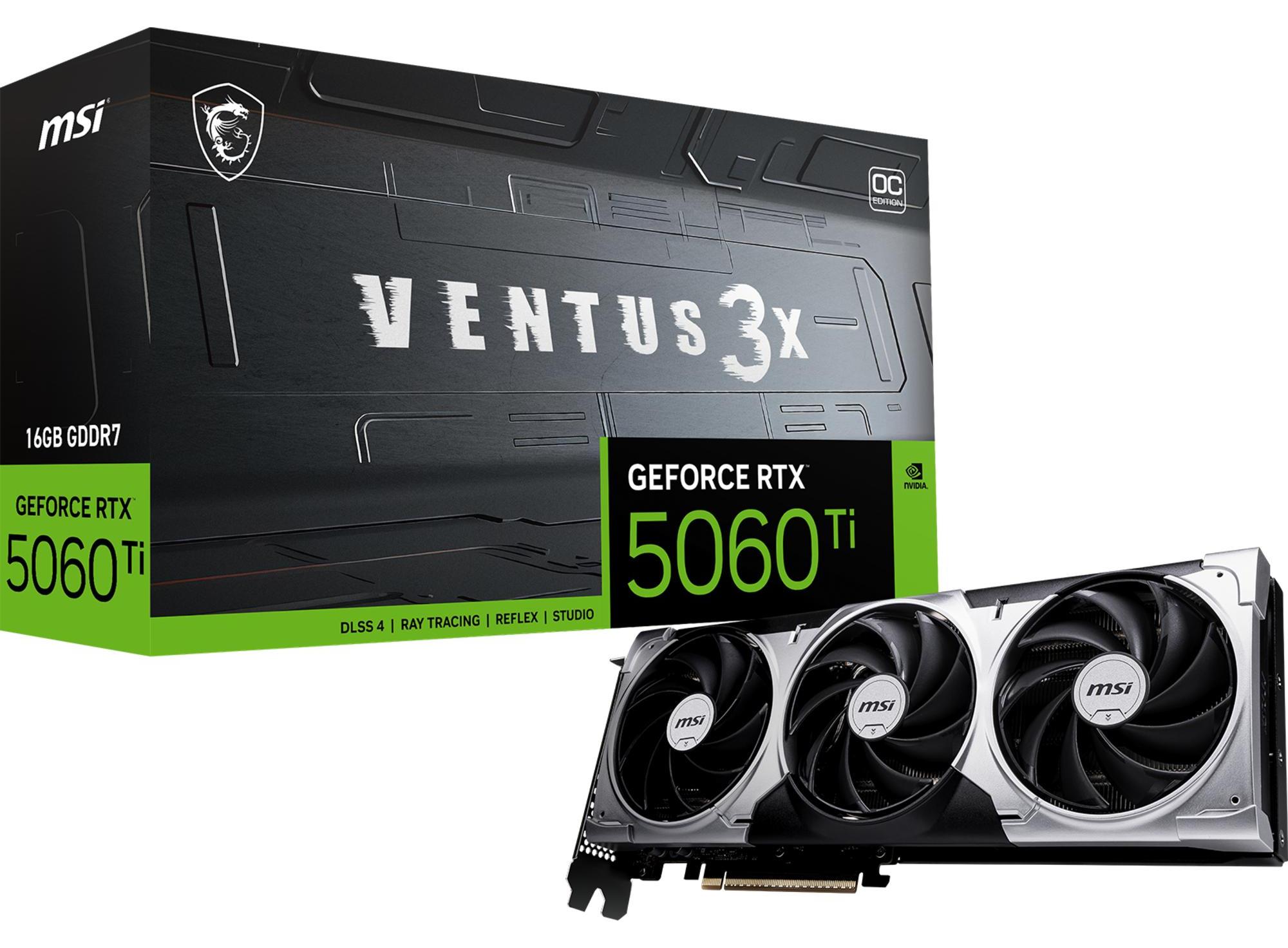 MSI VENTUS GeForce RTX 5060 TI 16G 3X OC, GeForce RTX 5060 Ti, 16 GB, GDDR7, 128 Bit, 7680 x 4320 Pixel, PCI Express x16 5.0 GEFORCE RTX 5060 TI 16G VENTUS 3X OC