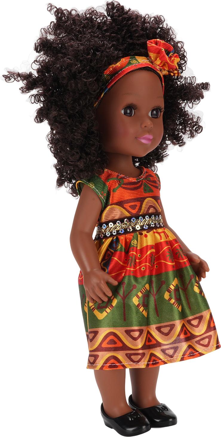 Gistuch 14 Zoll schwarze Puppe mit Haarband süßes Kleid Afro Hair Girls Mode veränderliche Kleider