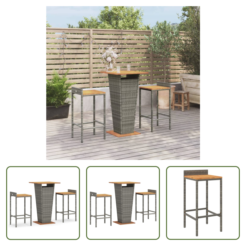 The Living Store 3ks. Záhradný barový set sivý polyratan a masívne drevo akácie