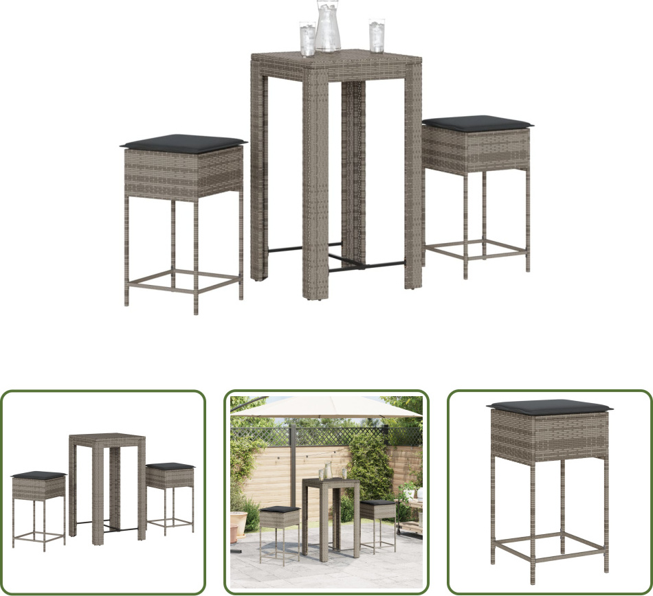The Living Store 3-dielny záhradný barový set s vankúšmi sivý polyratan