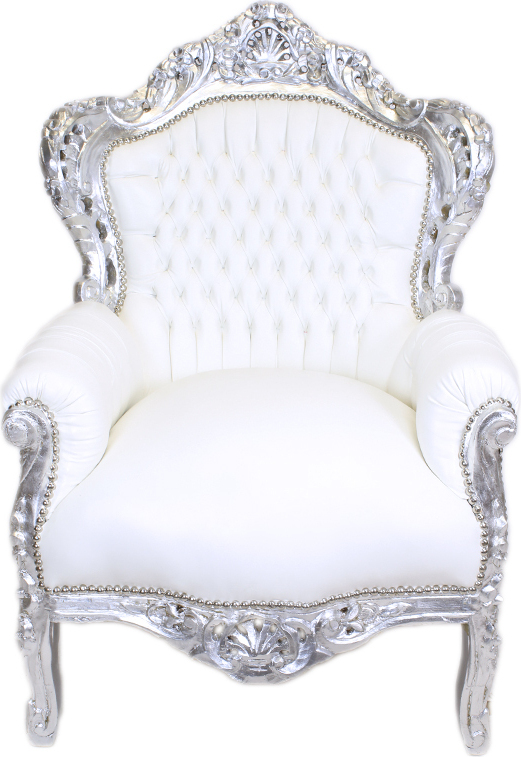Barocksessel Barock Sessel Barockstuhl Armlehne Weiß Silber Kunstleder Esszimmer Wohnzimmer Büro Flur Schminkstuhl Klassisch Barock Stuhl Premium Luxu