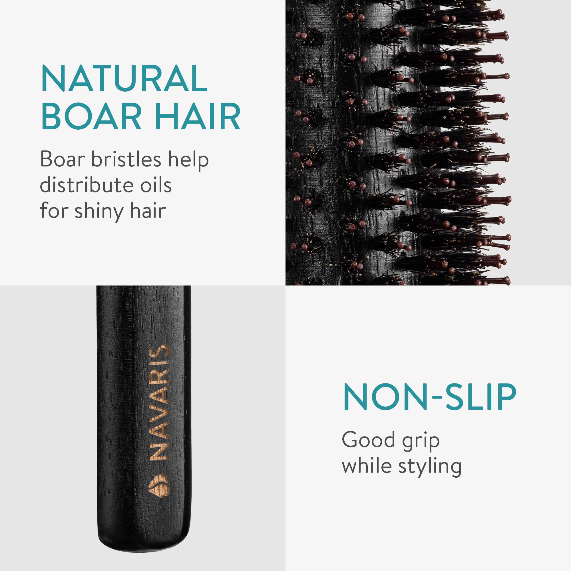 Navaris Rundbürste Haarbürste Bürste mit Wildschweinborsten - 2-teiliges Set Rundbürsten mit Naturborsten - Bürsten aus Holz - antistatisch 51356.02