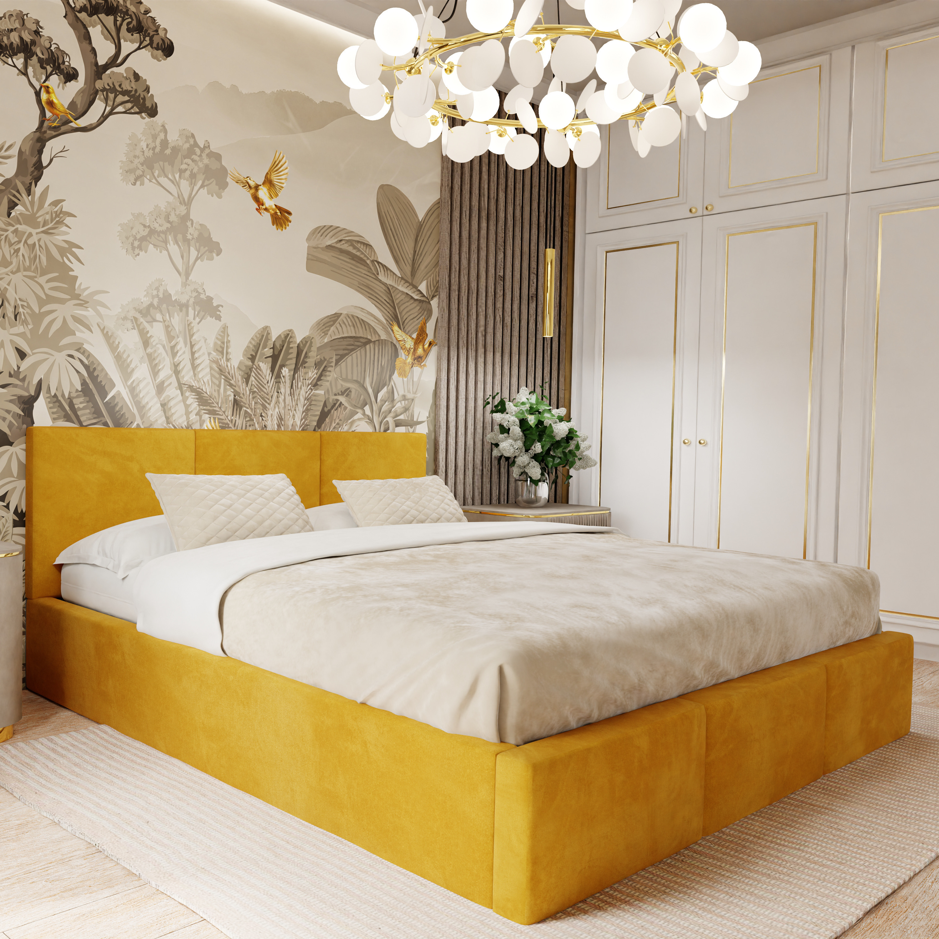 Muralo POLSTERBETT für Schlafzimmer Polsterbett mit Bettkasten und Gasdruckfeder Bett mit Polsterkopfteil Doppelbett 180x200 Bett mit Stauraum Gelb MF-100-LTE1800-W88-SP34-T18-K