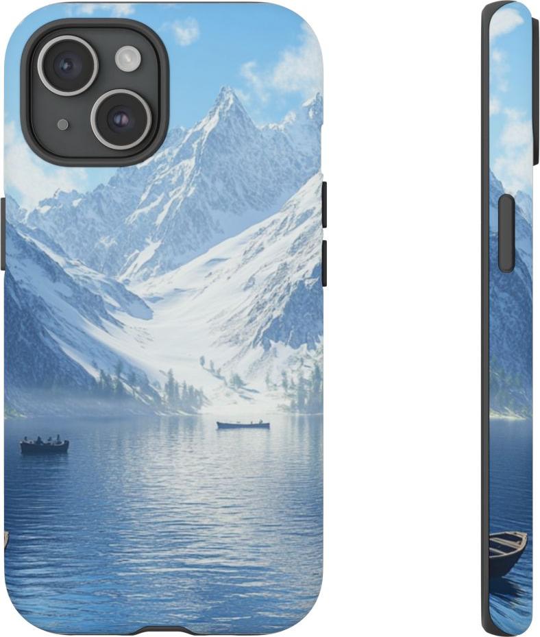 WOYC Ruhiger Bergsee mit Ruderbooten – Hülle Kompatibel mit iPhone 15 Tgh-mt-ip15-12347