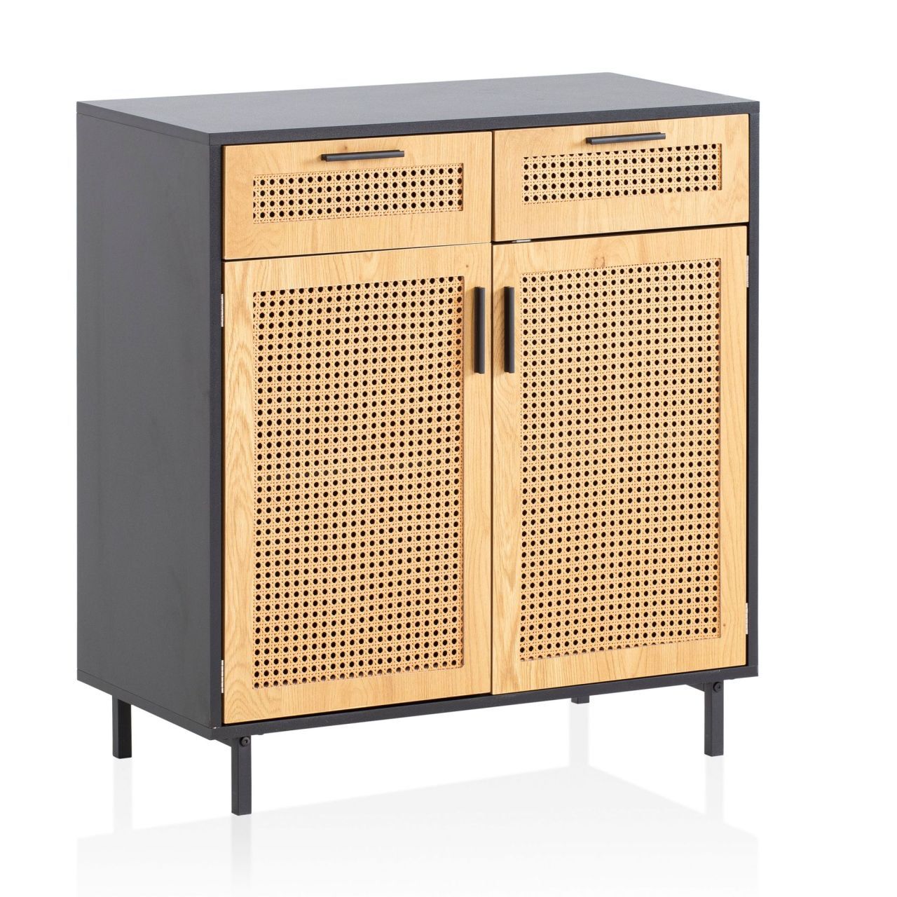 Skyport Sideboard 80x86,5x40 cm Kommode Schwarz mit Wiener Geflecht, Hoher Kommodenschrank Zeitlos, Standschrank Wohnzimmer mit 2 Türen und Schubladen, Anrichte Rattan