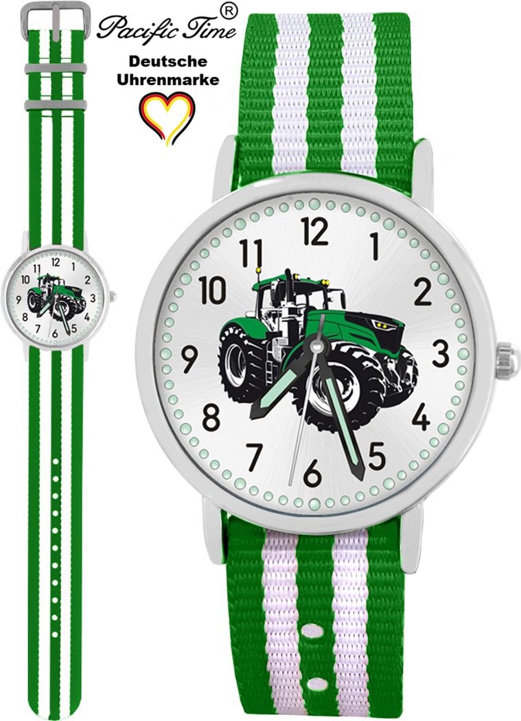 Pacific Time Kinder Armbanduhr Jungen Mädchen Traktor Trecker wasserdicht Kinderuhr grün weiß 87647
