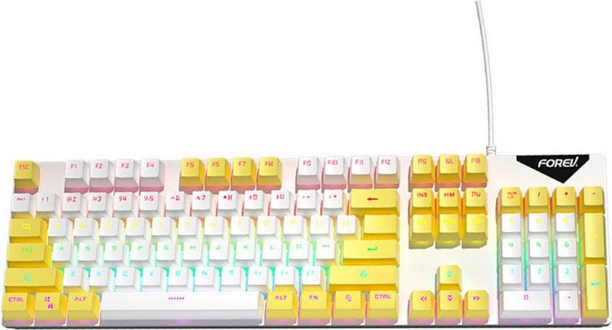 INF Mechanische Tastatur mit Kabel, Regenbogenbeleuchtung, Blaue Schalter, 104 Tasten Weiß+Gelb 395076