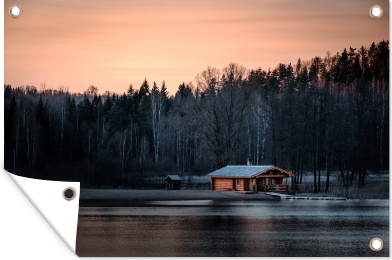 MuchoWow® 120x80 cm Outdoor-Poster Gartendeko Sichtschutz Garten Poster für den Garten Blockhaus am See in Kiefernwäldern in Estland 133|191189368