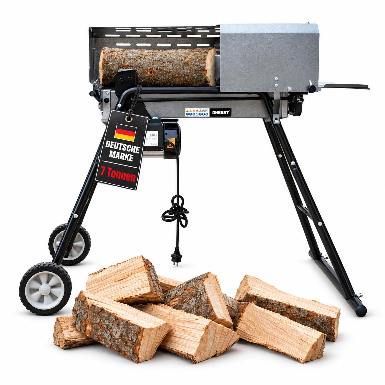 Holzspalter ONBEST LS2052-7T | 7 Tonnen Spaltdruck | 2000 W | Liegend inkl. Spaltkreuz & Schutzgehäuse | Bis 52 cm Holzlänge Brennholz Holzspalter liegend ONBEST