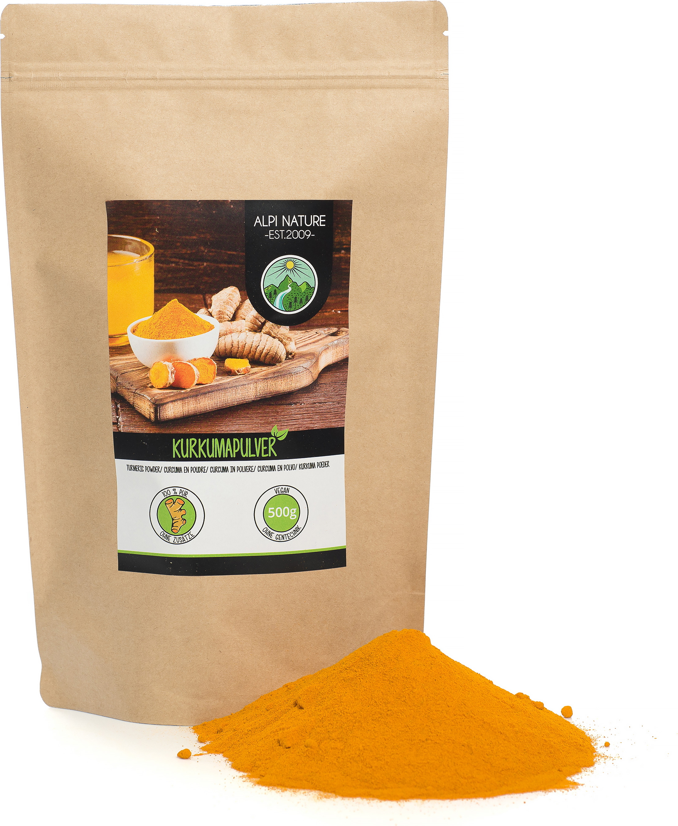 Alpi Investment Kurkuma Pulver (500g), 100% naturreines Kurkumapulver, Kurkumawurzel schonend getrocknet und gemahlen, natürlich ohne Zusätze, vegan Kurkumap500g