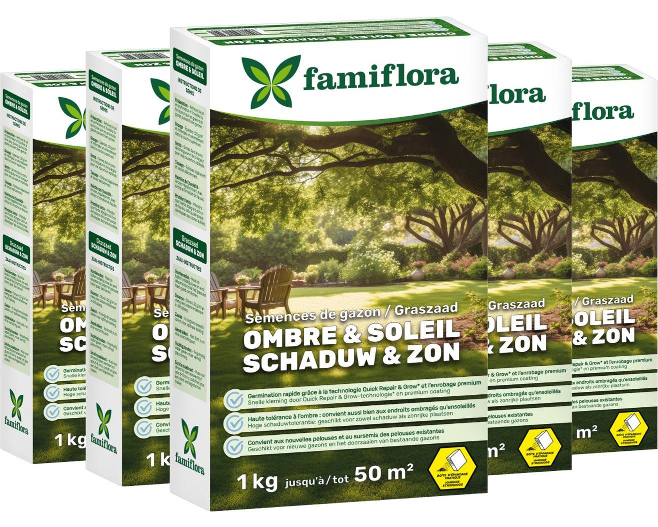 Famiflora Grassamen 5kg bis zu 250m² (5 x 1KG) - Schatten & Sonne - ideal für einen Schattenrasen - Gut für einen Rasen bis zu 50m² - Hohe Schattentoleranz - Für einen vollen & gleichmäßigen Rasen