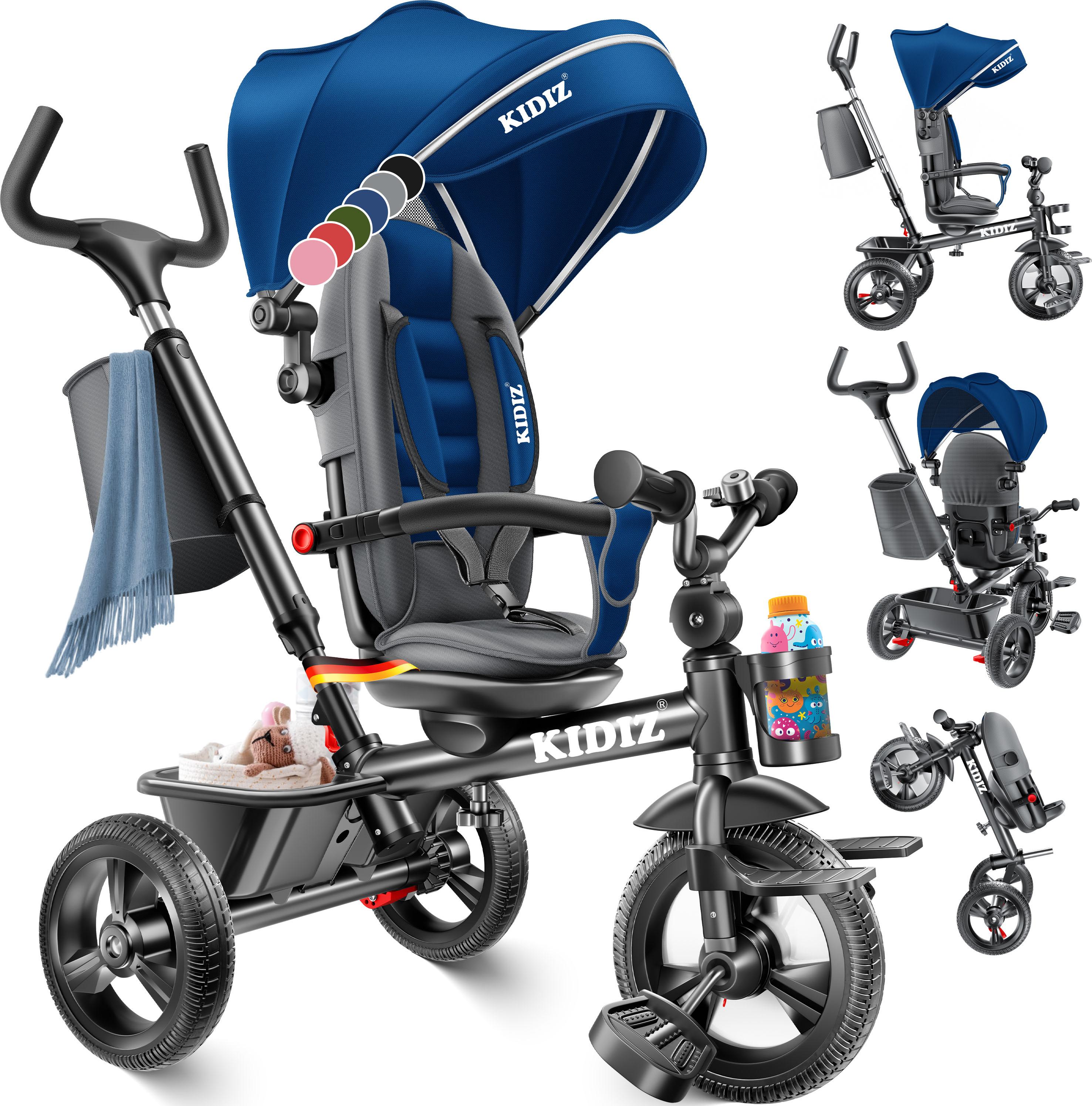 KIDIZ® Dreirad 5in1 Kinderdreirad mit Schubstange Lenksystem Stange ab 1 Jahr vorwärts und Rückwärtsfahrt Jogger , Korb Tasche Getränkehalter Sonnenda