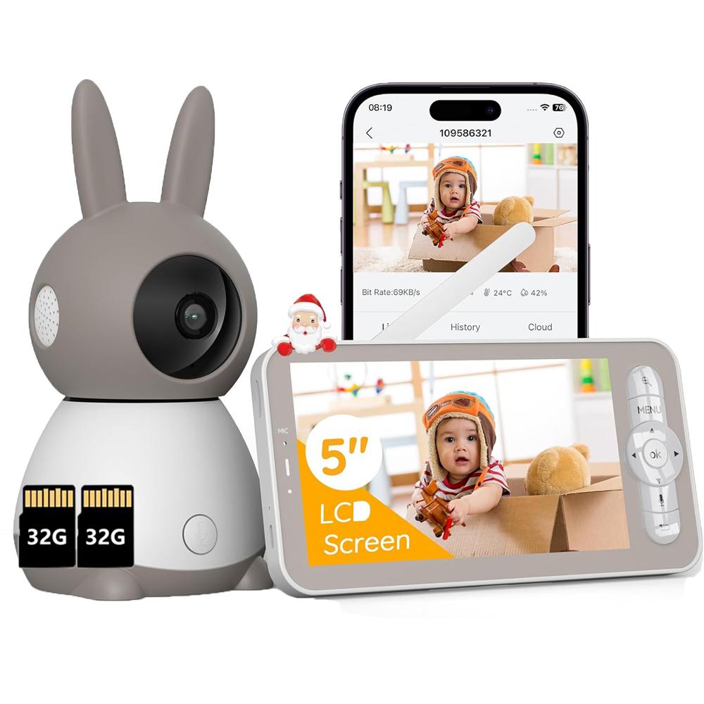 Avylet Babyphone mit Kamera 2K 5 Zoll WLAN Video babyfone PTZ 360° IR-Nachtsicht Automatische Verfolgung Weinen/Bewegungs/Geräuscherkennung mit 2*32G BM0010GYEUIGV4