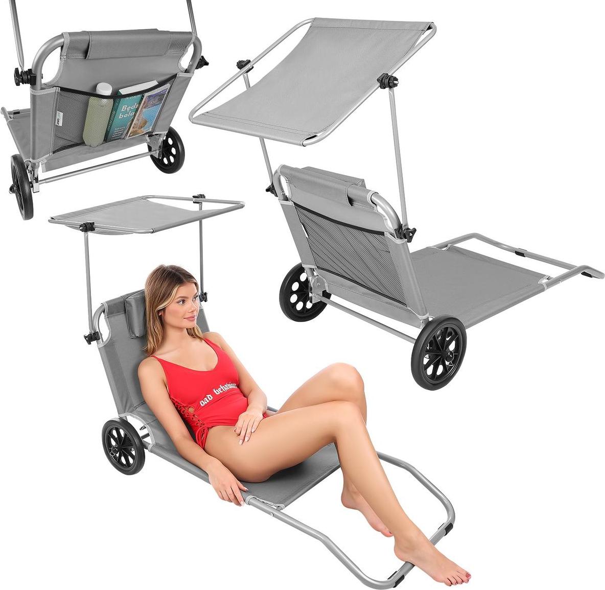 Skladacie plážové lehátko so slnečnou strieškou a kolieskami 116x62x62-90 cm - Sivé - Mobilné a nastaviteľné