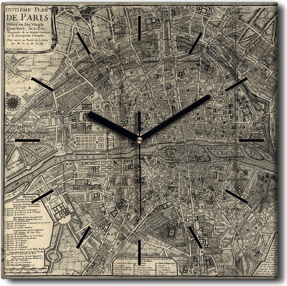Coloray Uhr auf Leinwand 30x30 cm Wand Uhr Dekoration Wohnzimmer Segeltuch schwarze Hände -Pariserweinlesekarte. zck-30x30-w0011130-c