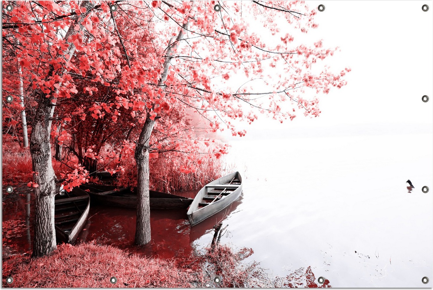 Wallario Outdoor-Poster für Garten oder Balkon, Motiv Romantische Bootsanlegestelle in rot-weiß, in ca. 120 x 180 cm goban0080-120180