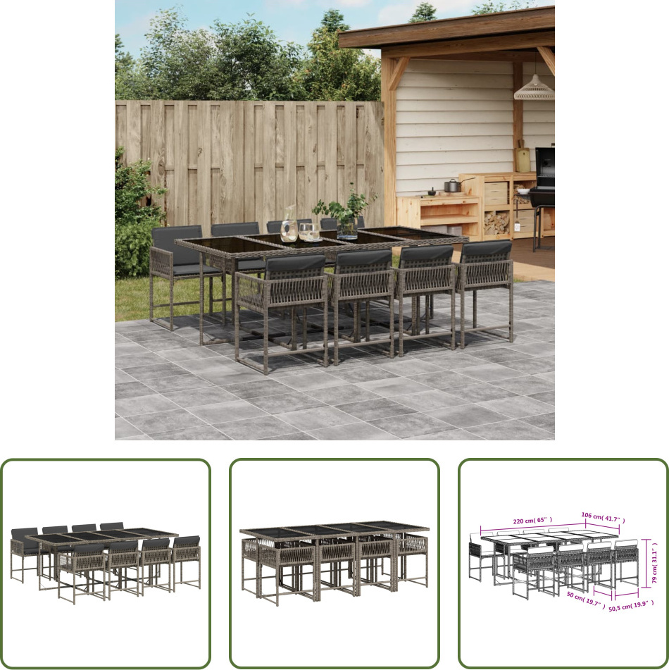 The Living Store 9-dielny záhradný jedálenský set s vankúšmi sivý polyratan
