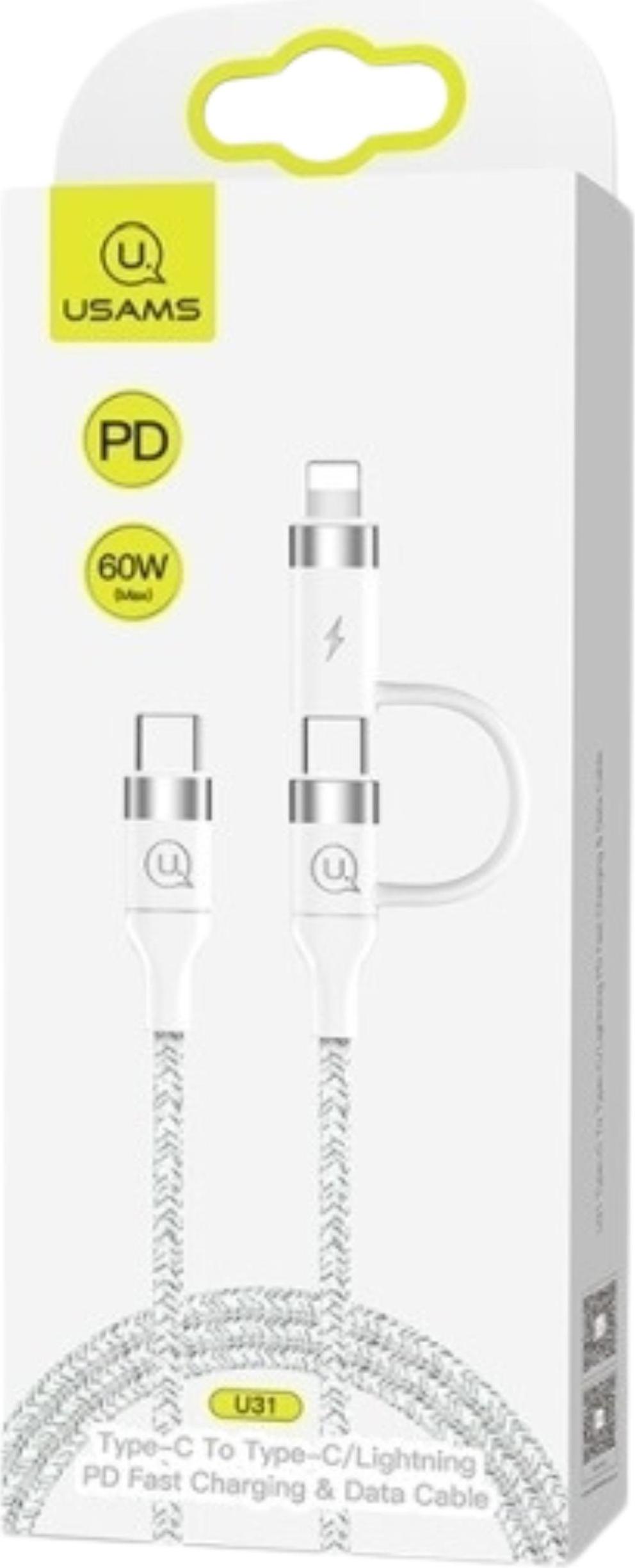 Usams Opletený Kábel U31 Usb-C Na Usb-C /Lightning 60W Pd Rýchle Nabíjanie Biela/Biela Sj403Usb02 (Us-Sj403)