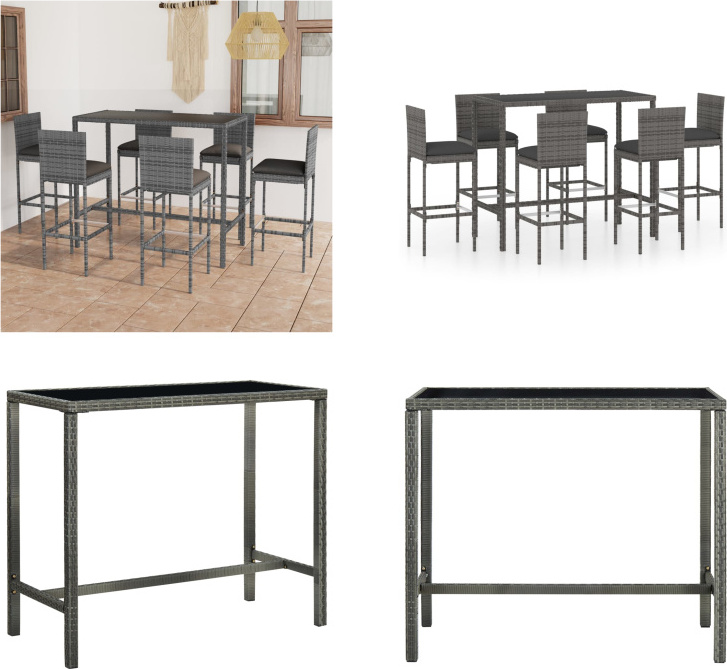 vidaXL 7-dielny záhradný barový set s vankúšmi polyratan sivý - Barový set - Barové sety - Barový stôl a barové stoličky - Barový stôl