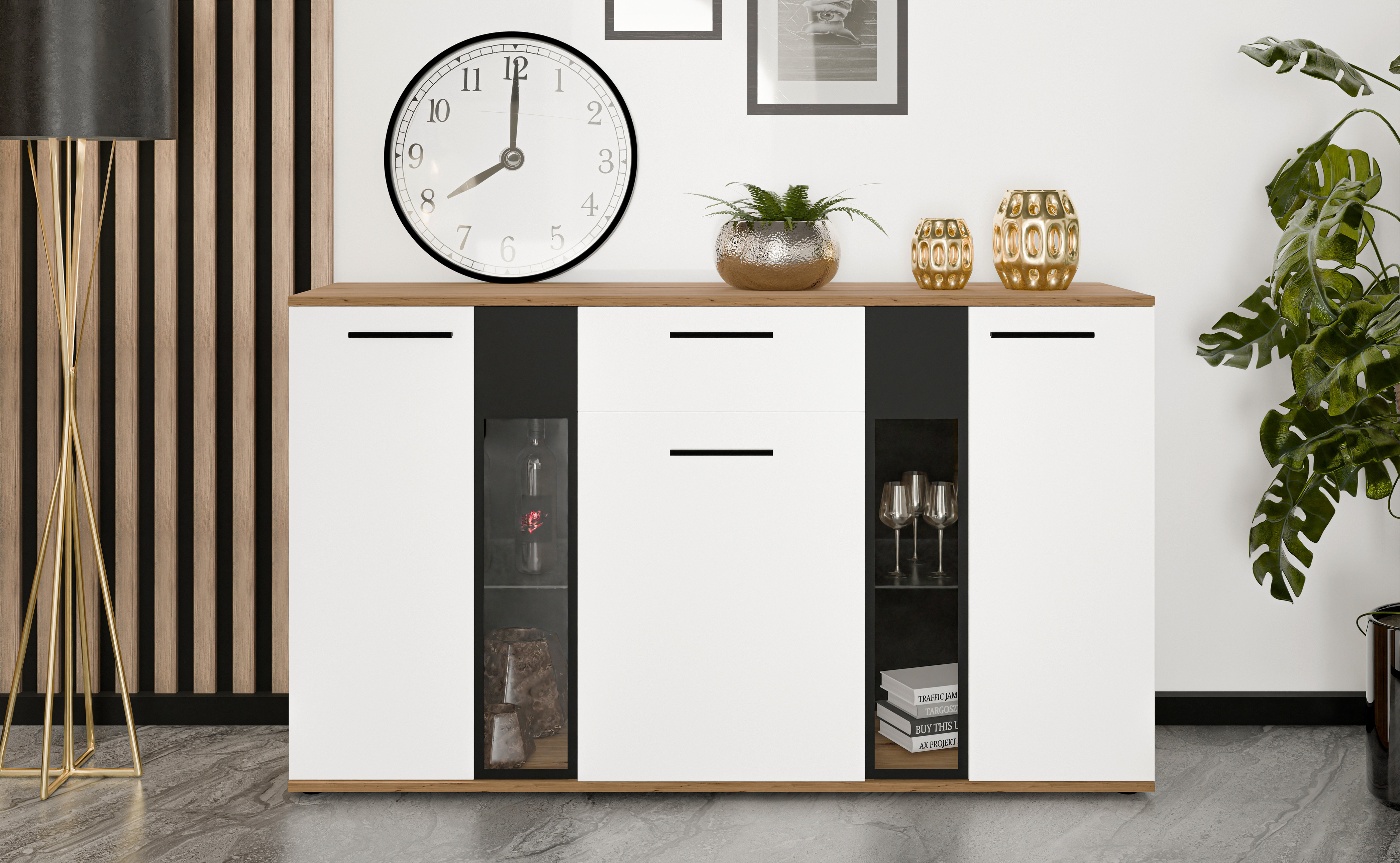 AX LIVING Formilo Sideboard Kommode Artisan Eiche Weiß matt 140,4 cm N0081