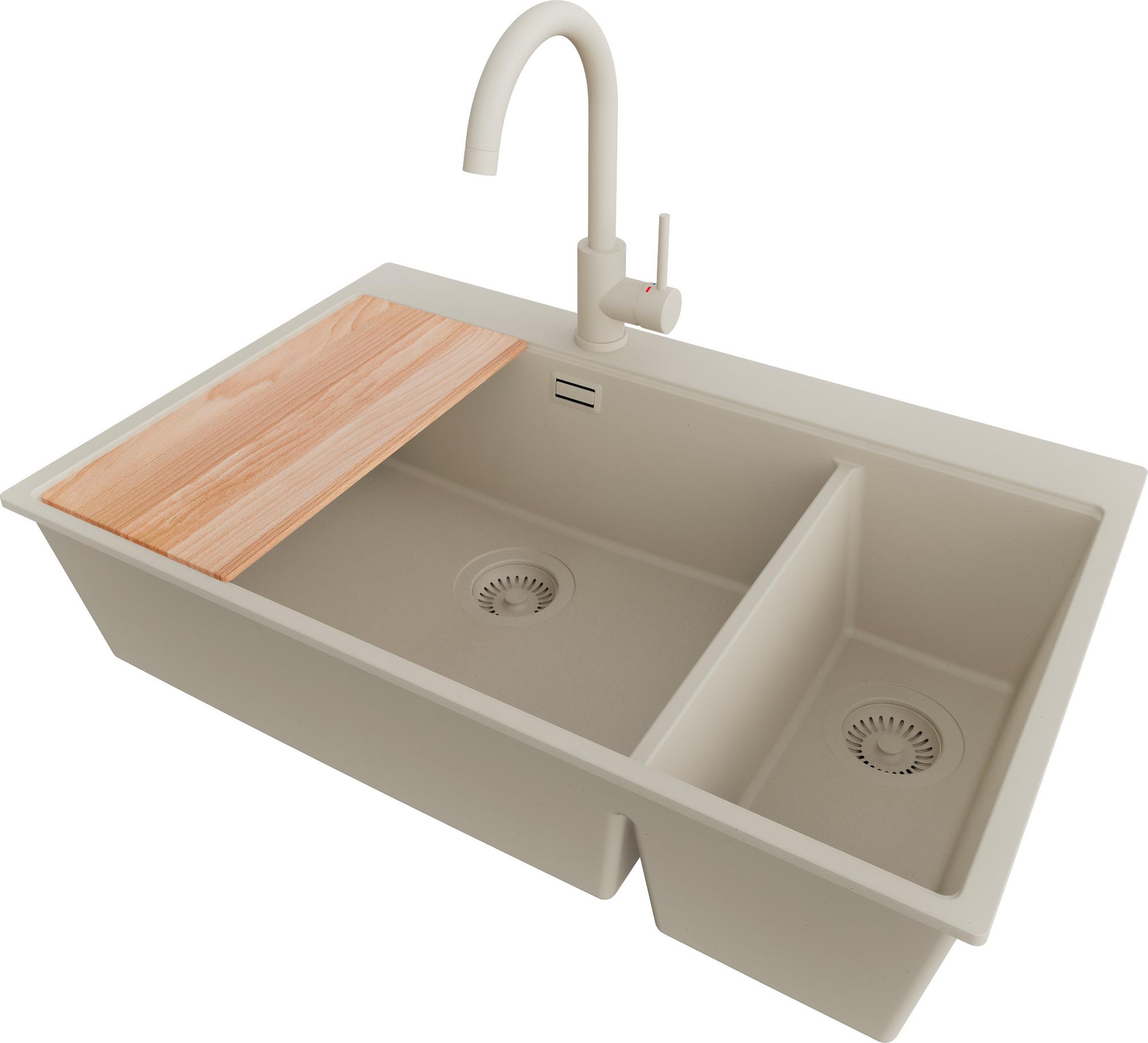PRIMAGRAN Granitspüle Beige 78x50cm, Spülbecken 2 Becken + Küchenarmatur 32x20cm + Ablauf-Set + Schneidebrett, Küchenspüle ab 80er Unterschrank - Oslo Duo