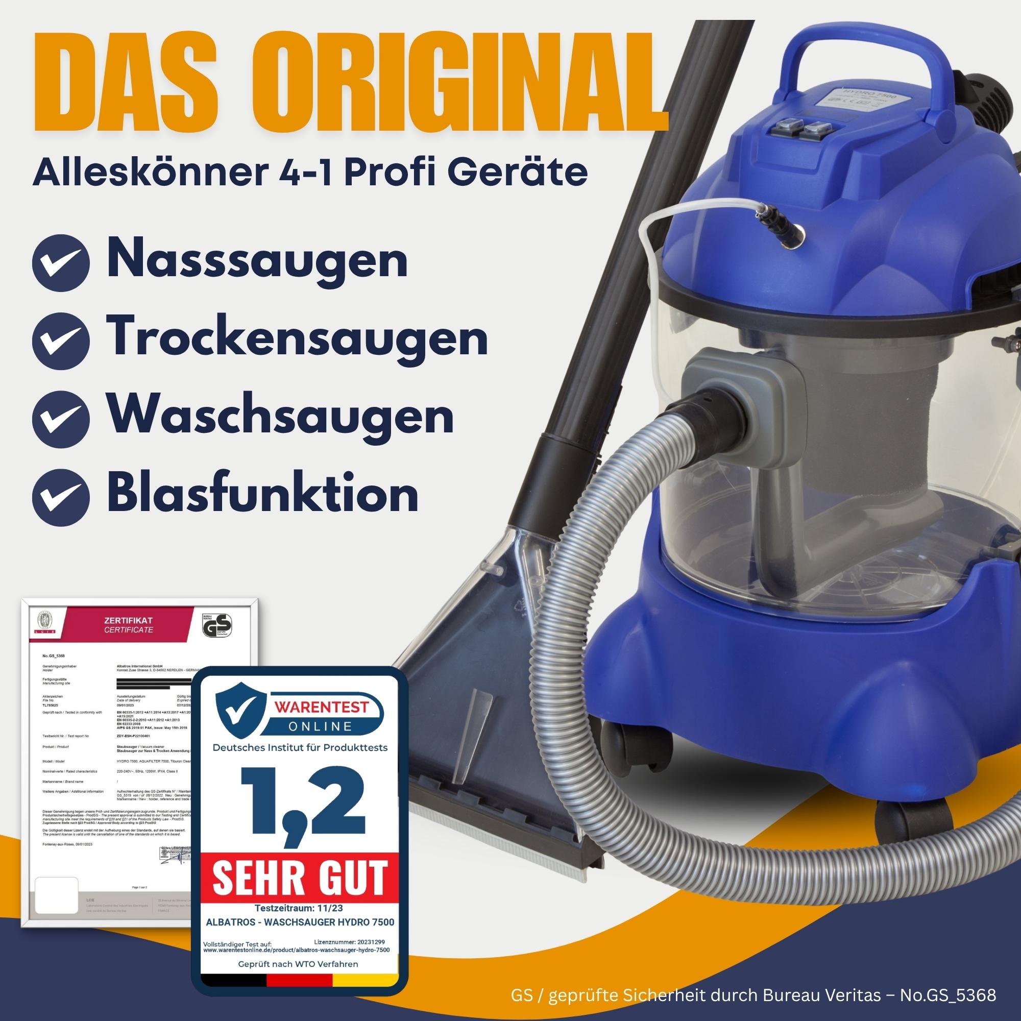 Waschsauger Polster + Teppich HYDRO 7500 inkl. 2l Shampoo - 4in1 Nass Trockensauger 1200 Watt 20l Volumen 16 kPa Saugleistung - Polsterreiniger Reinigungsgerät Professionellen Aufbereitung