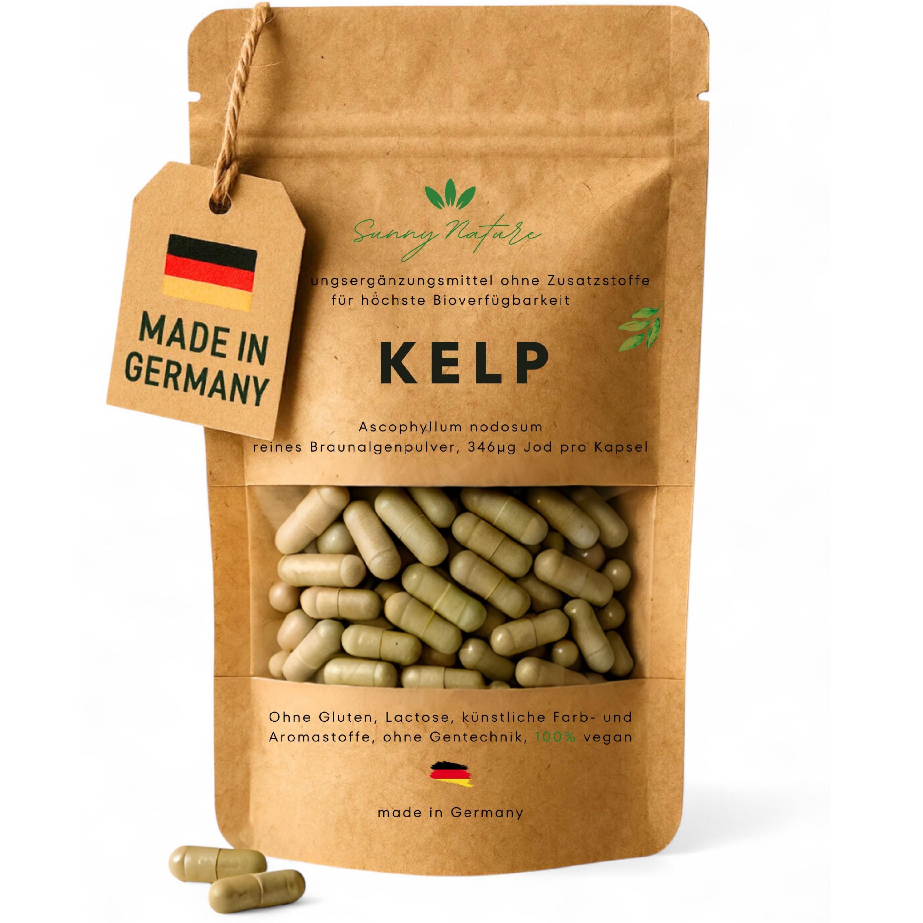 sunny nature Kelp Kapseln 400mg – 346µg Jod aus Kelp – Hochdosiert & Labor – Natürliche Braunalge – Vegan, in Deutschland produziert – 60 Kapseln