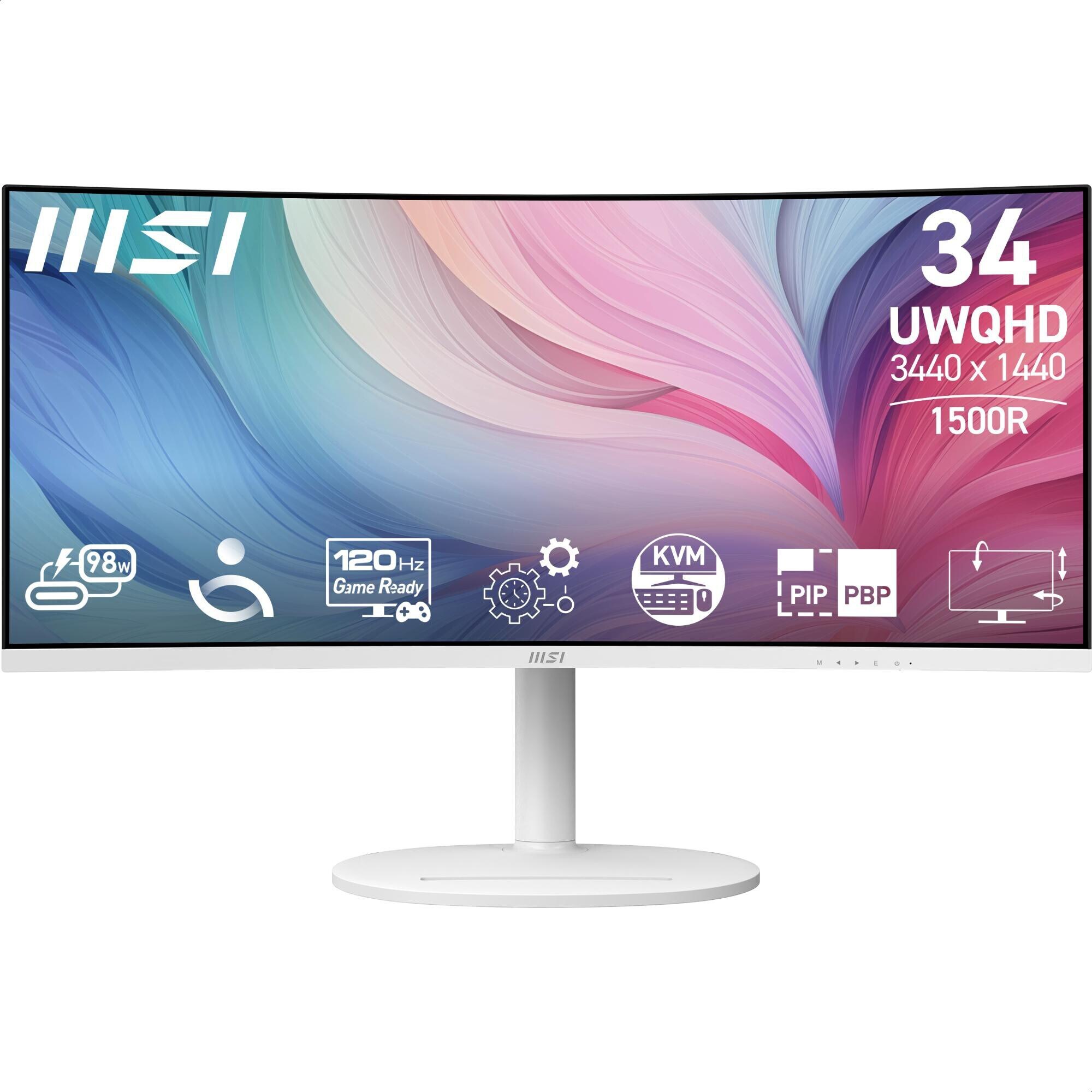 MSI Modern MD342CQPWDE, 86,4 cm (34"), 3440 x 1440 px, UltraWide Quad HD, LCD, 4 ms, Biela