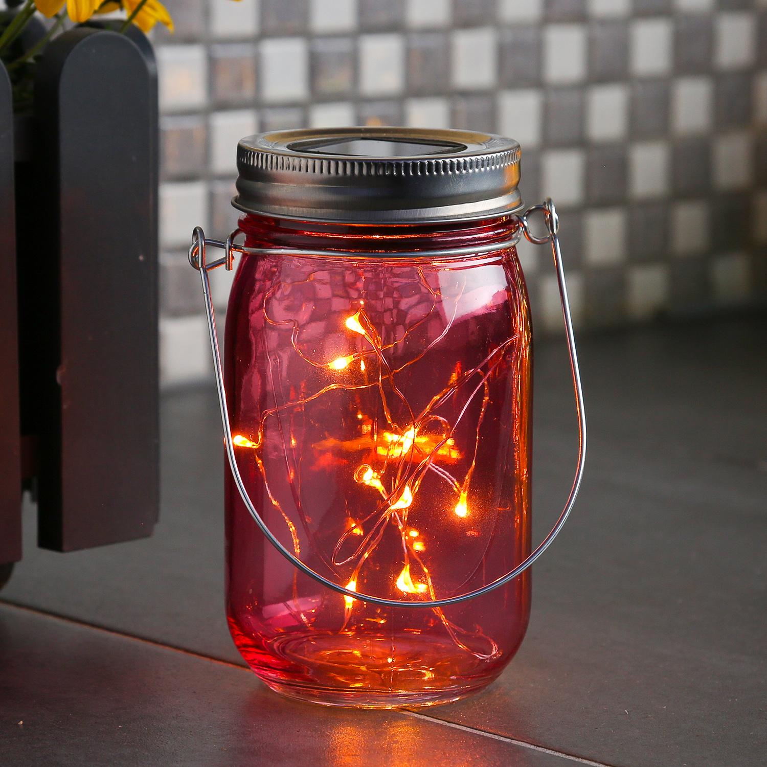 MARELIDA LED Solar Glas - Windlicht - mit Drahtlichterkette - Lichtsensor - H: 14cm - D: 8cm - rosa 894731-rosa-1