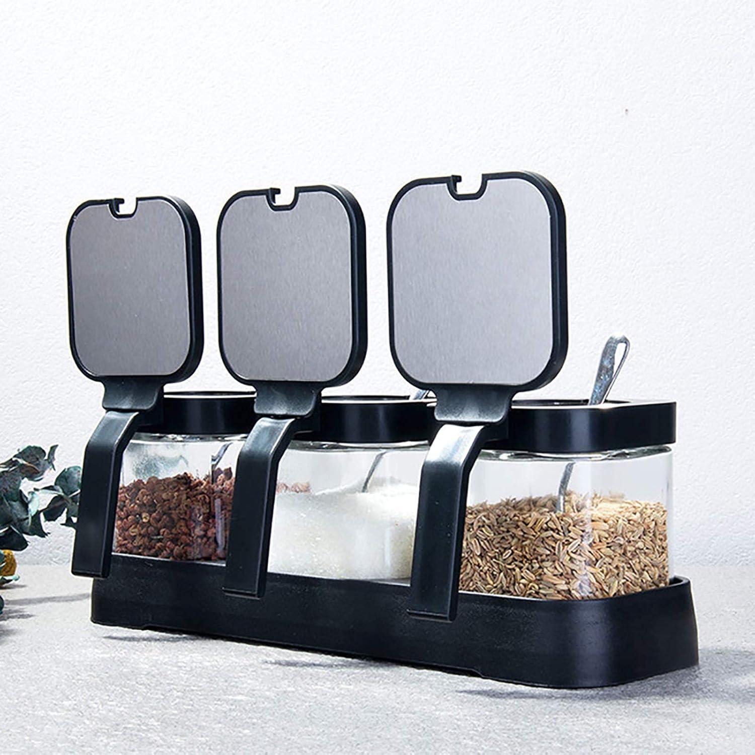 snq Gewš¹rzbeh?lter 3er Set aus Glas 250 ml Gewš¹rzgl?ser Gewš¹rzdosen Gewš¹rzst?nder Glasgewš¹rzbox Zucker- und Salzdosen-Set mit Deckel L?ffel und Halter fš¹r Kš¹che und Esstisch Schwarz ZJL-READ-04457