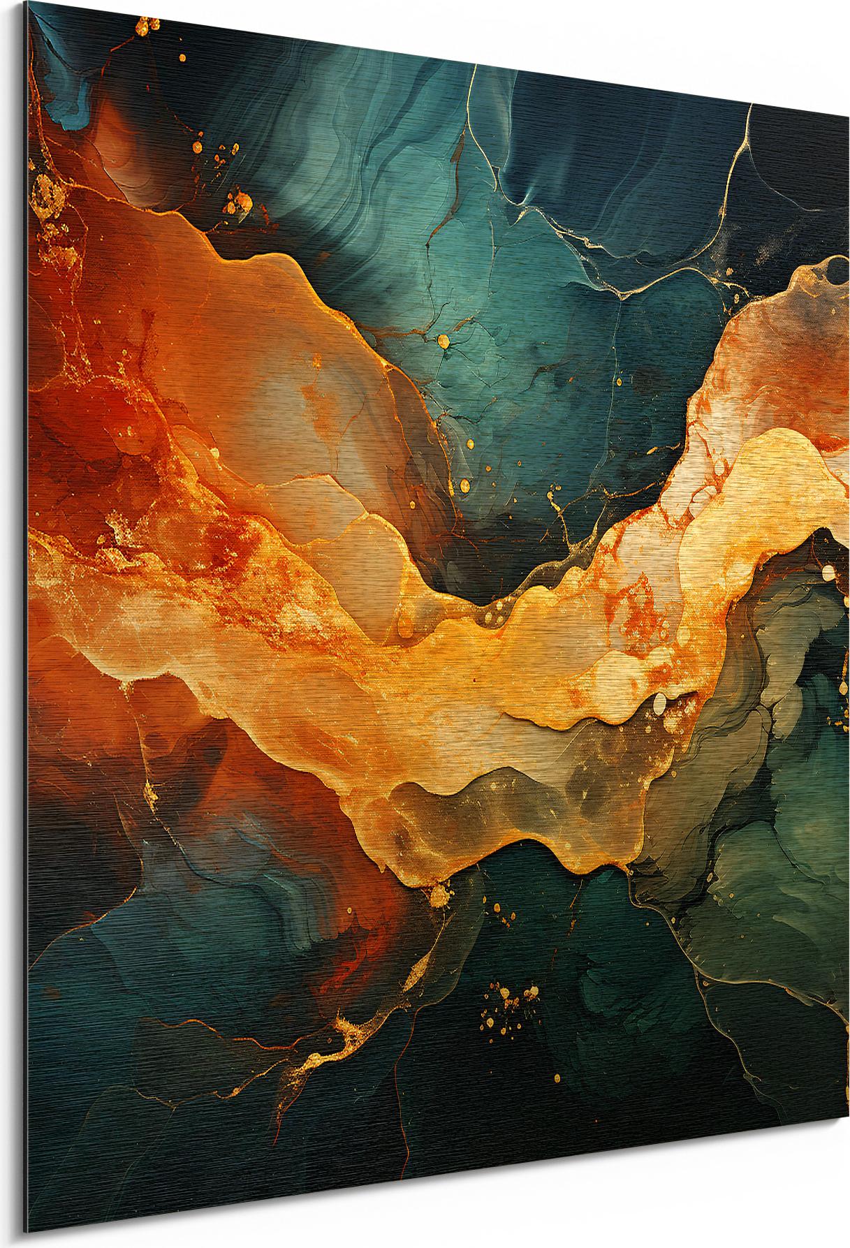 DEQORI Alu-Dibond Bild Gold 50x50 cm 'Magmatischer Glanz' Wandbild Metall dünn Design AD-50-50-G-5416-UV