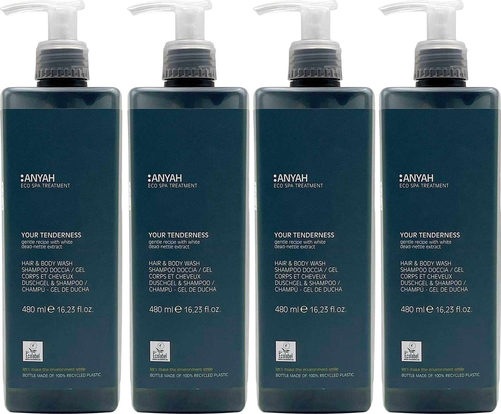 Sprchový šampón Anyah Delicate – obohatený o výťažok z bielej žihľavy – Eco Label –  Italy – 4 x 480 ml sada