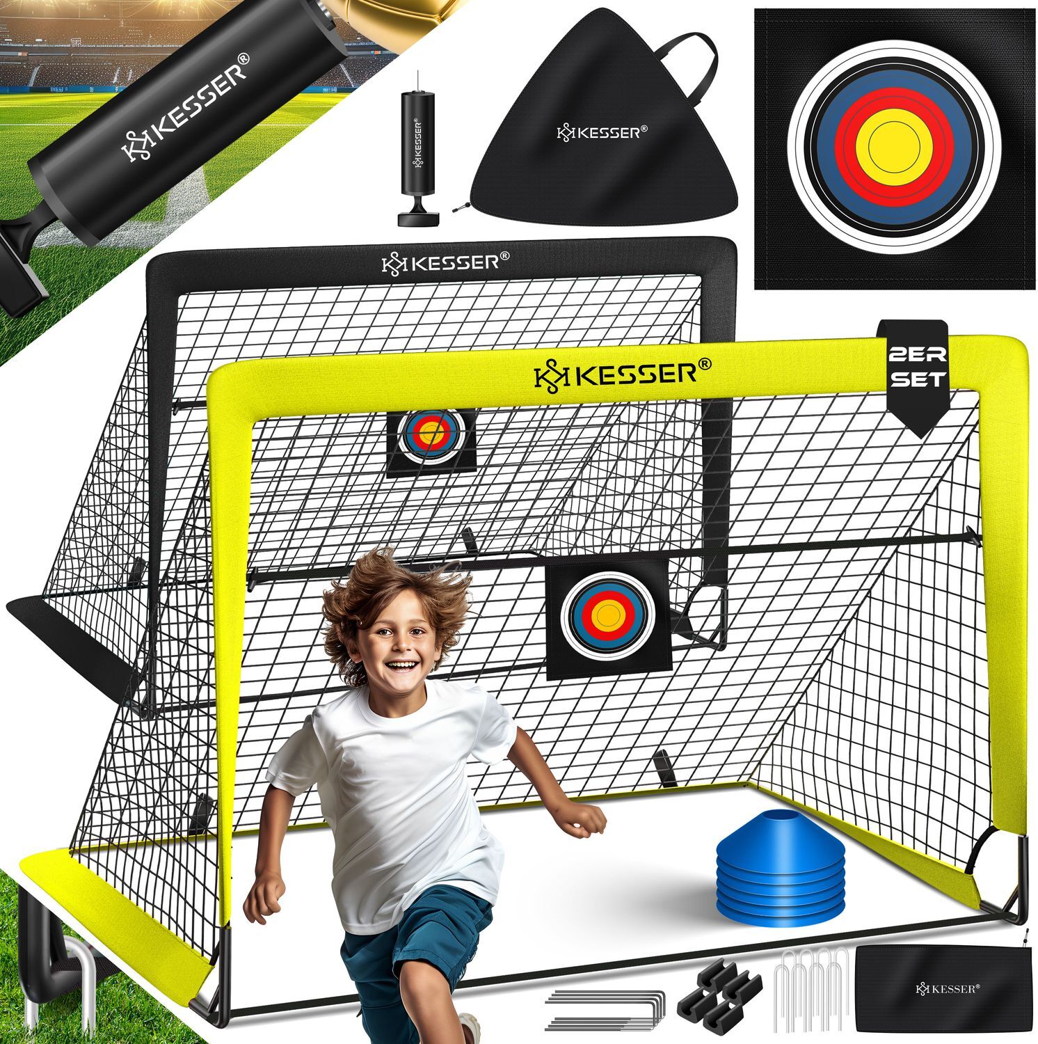 KESSER® Fussballtor 2er Set | Tolles Fußball Geschenk für Kinder, Indoor und Outdoor Garten : Antirutsch - Inkl. Fußball Trainingszubehör: Hütchen, Zielscheibe, Sporttasche, Ballpumpe