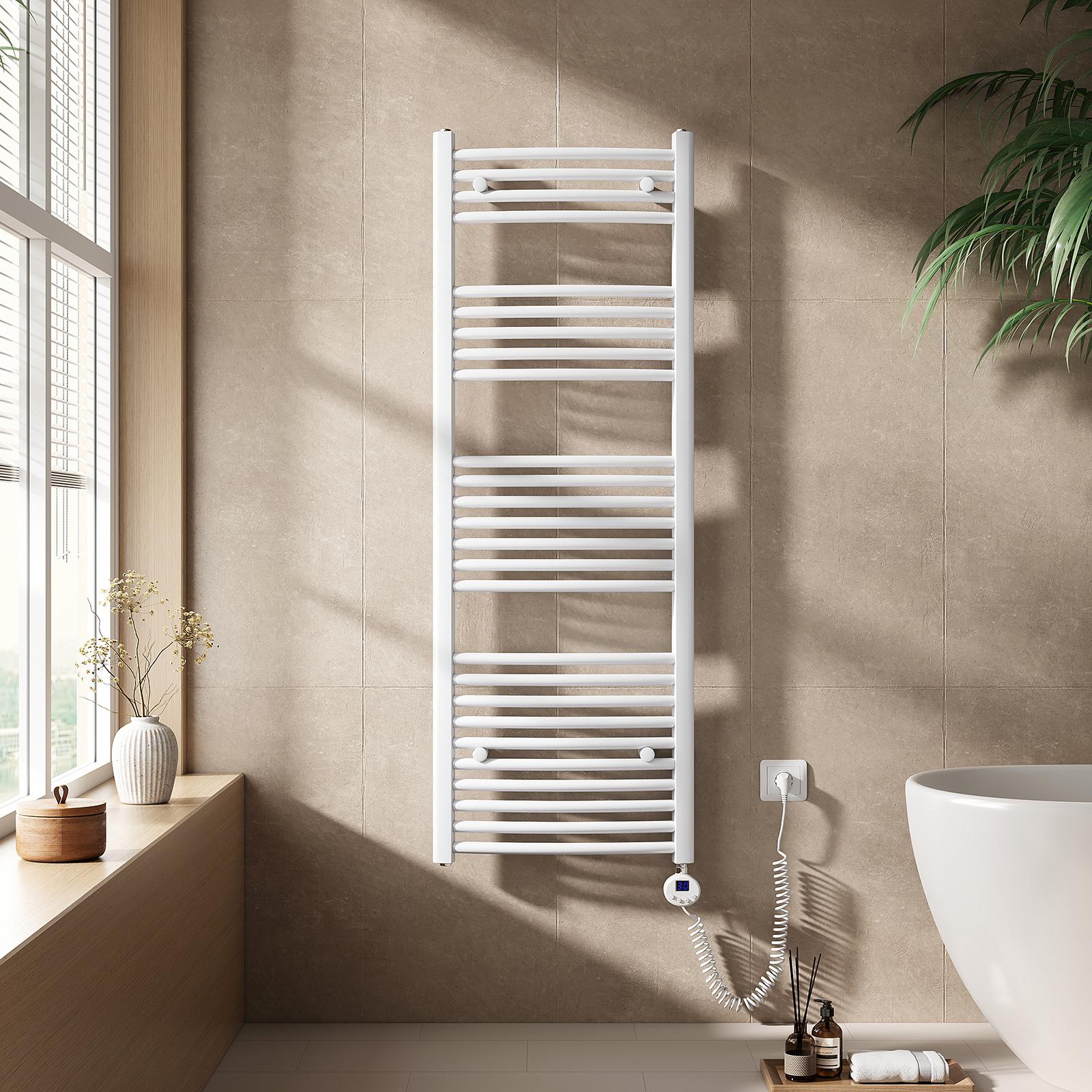 EMKE Elektrický kúpeľňový radiátor na uteráky zakrivený 600W Wifi ovládanie Inteligentný termostat 140X50cm Biely ohrievač uterákov