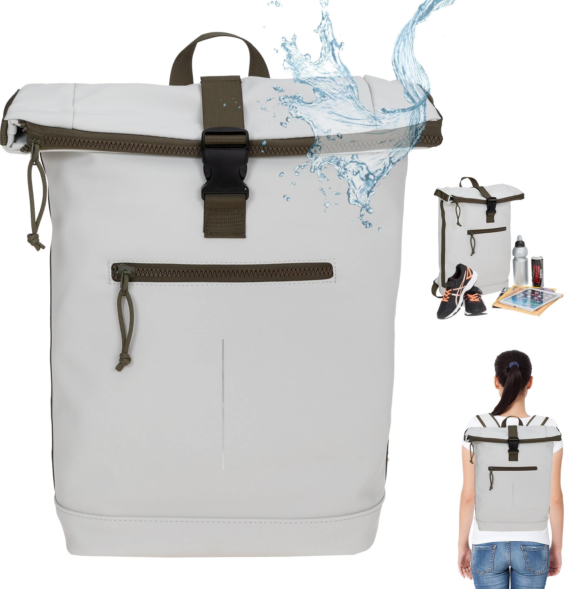 Rucksack Kurierrucksack New Rebels Tim XL A4 Laptopfach Roll-Top Daypack 511289 06 Creme Oliv + bagboom® Flasche 51128906