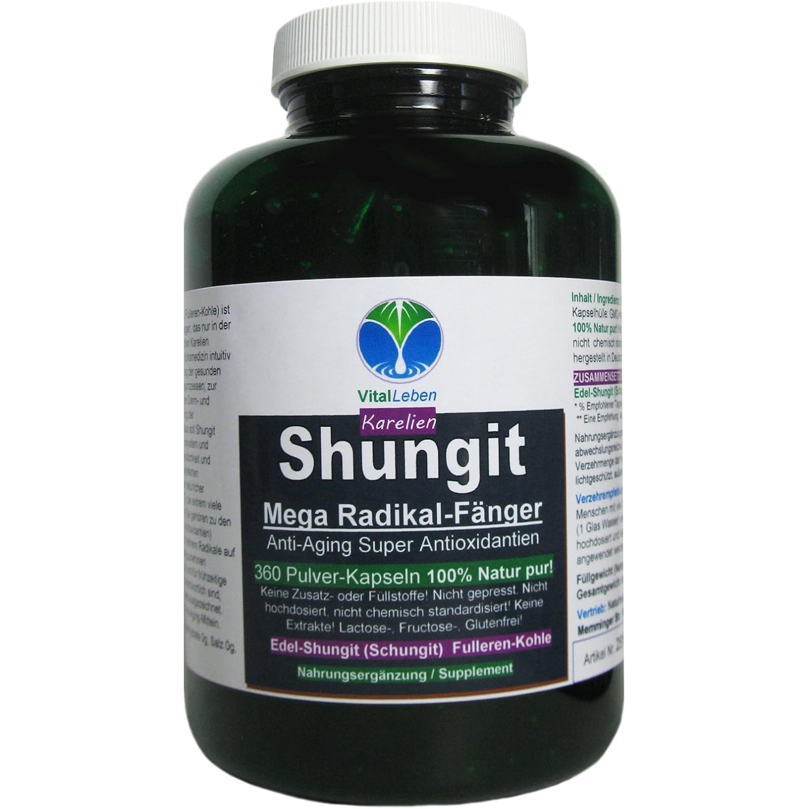 VitalLeben Edelschungit Schungit Elite Shungite 360 Pulver Kapseln. aus Karelien. 100% NATUR pur! OHNE ZUSATZSTOFFE. 26730-360