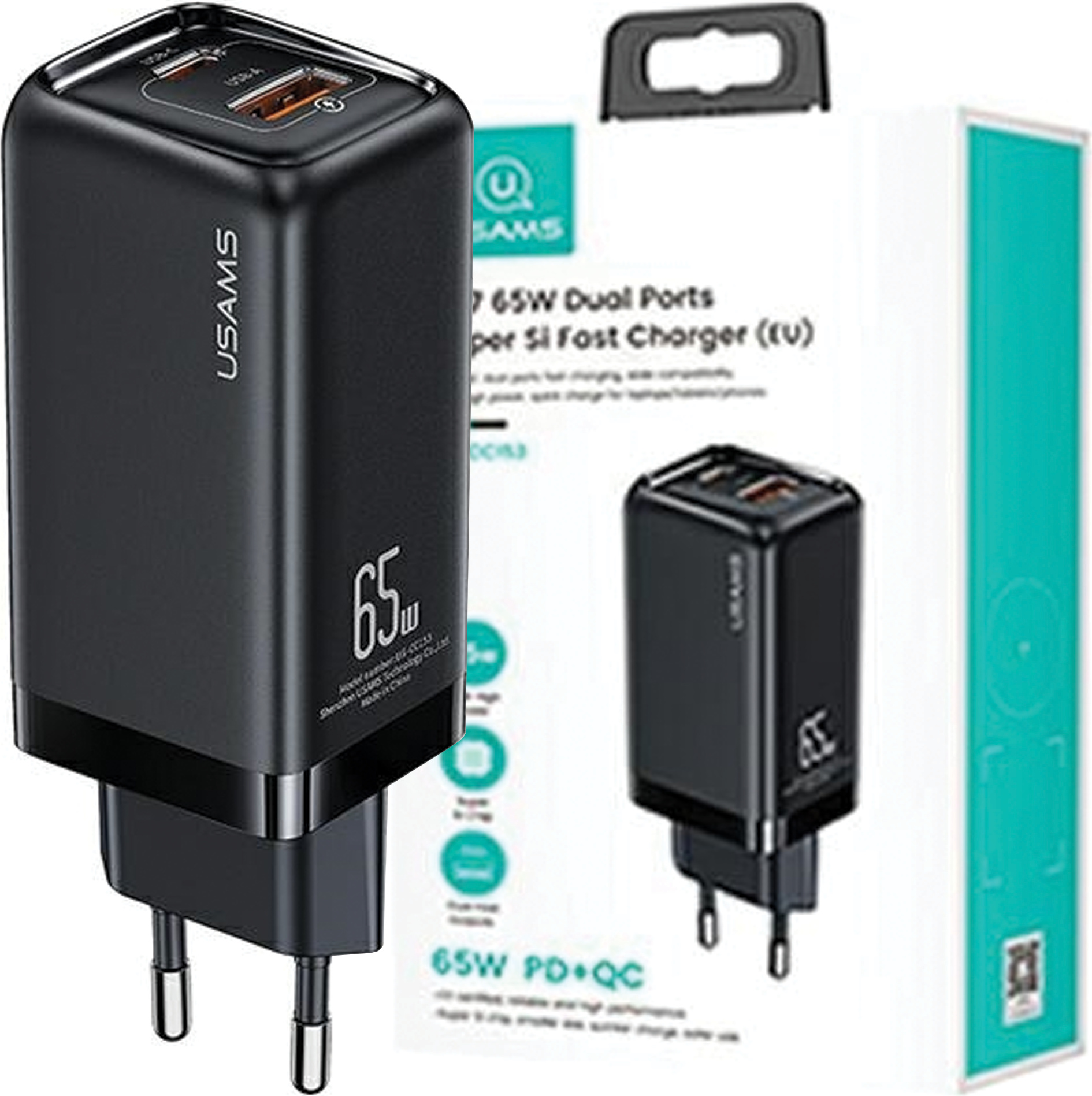Usams Lad. Siete. 1Xusb-C+1Xusb T47 65W (Iba Hlava) Pd Fast Charging Super Si Black/Black Cc153Tc01 (Us-Cc153)