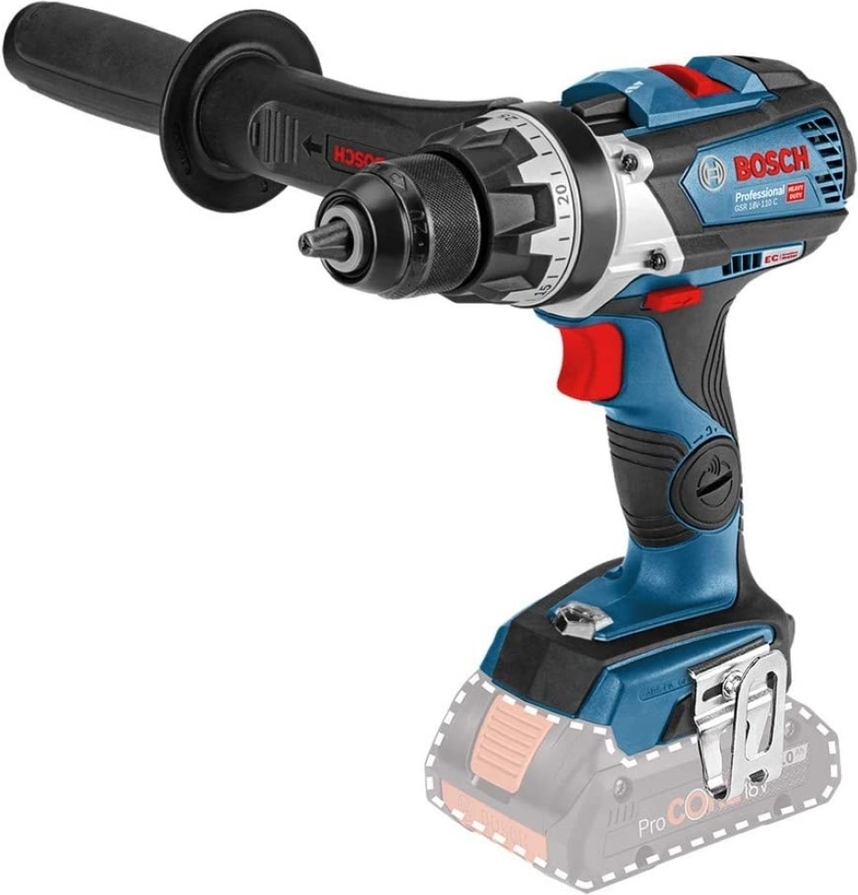 Akumulátorový vŕtací skrutkovač Bosch GSR 18V-110 C, sólo verzia s prídavnou rukoväťou