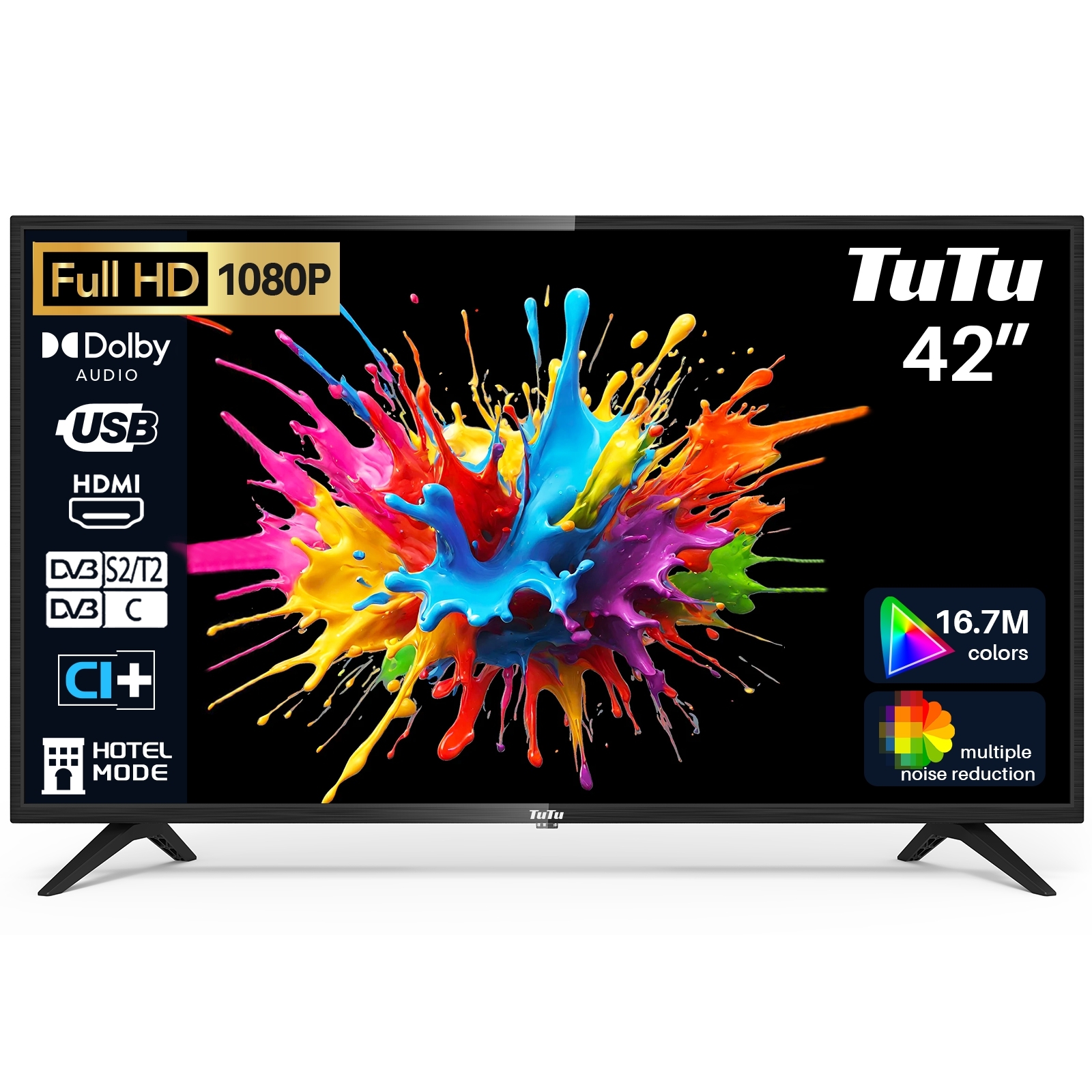 Štandardný televízor TuTu - LED Full HD - 42 palcov/108 cm - Bezrámčekový dizajn - Trojitý tuner DVB-T/T2/S/S2/C - HDMI x2, USB x1, CI+ - Montáž v Eindhovene, Holandsko - TUB42FD1N
