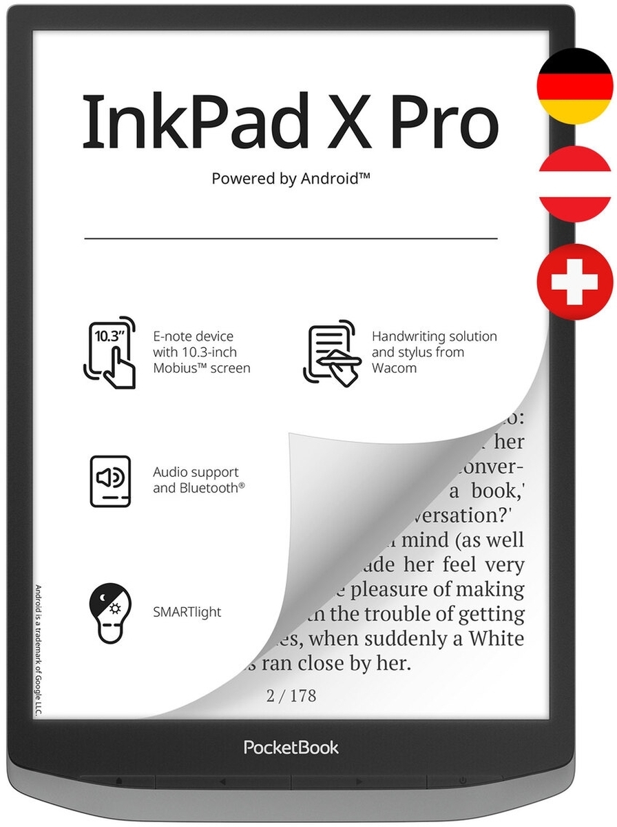 PocketBook InkPad X Pro, 26,2 cm (10.3"), E Ink, 1404 x 1872 px, AZW, AZW3, DOC, DOCX, EPUB, FB2, FB2.ZIP, HTM, HTML, MOBI, PDF, PRC, RTF, TXT, MP3, WAV, BMP, JPEG, JPG, PNG