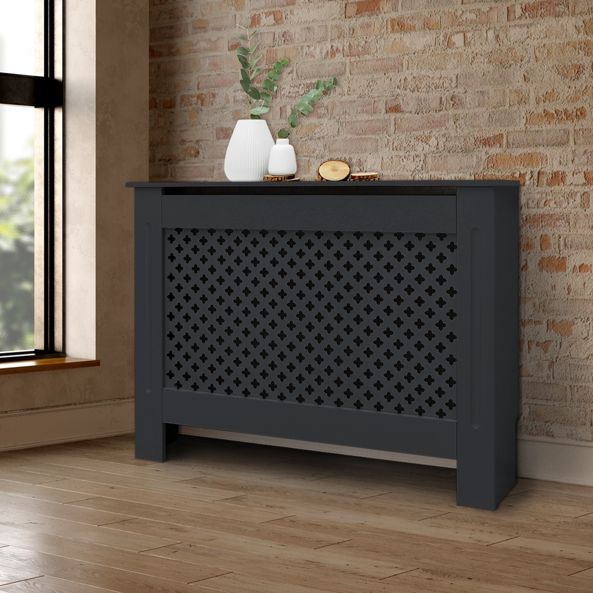 ML-Design kryt radiátora so vzorom včelieho plástu 112x19x82 cm, antracitová farba, z lakovanej MDF, kryt radiátora do spálne, obývačky