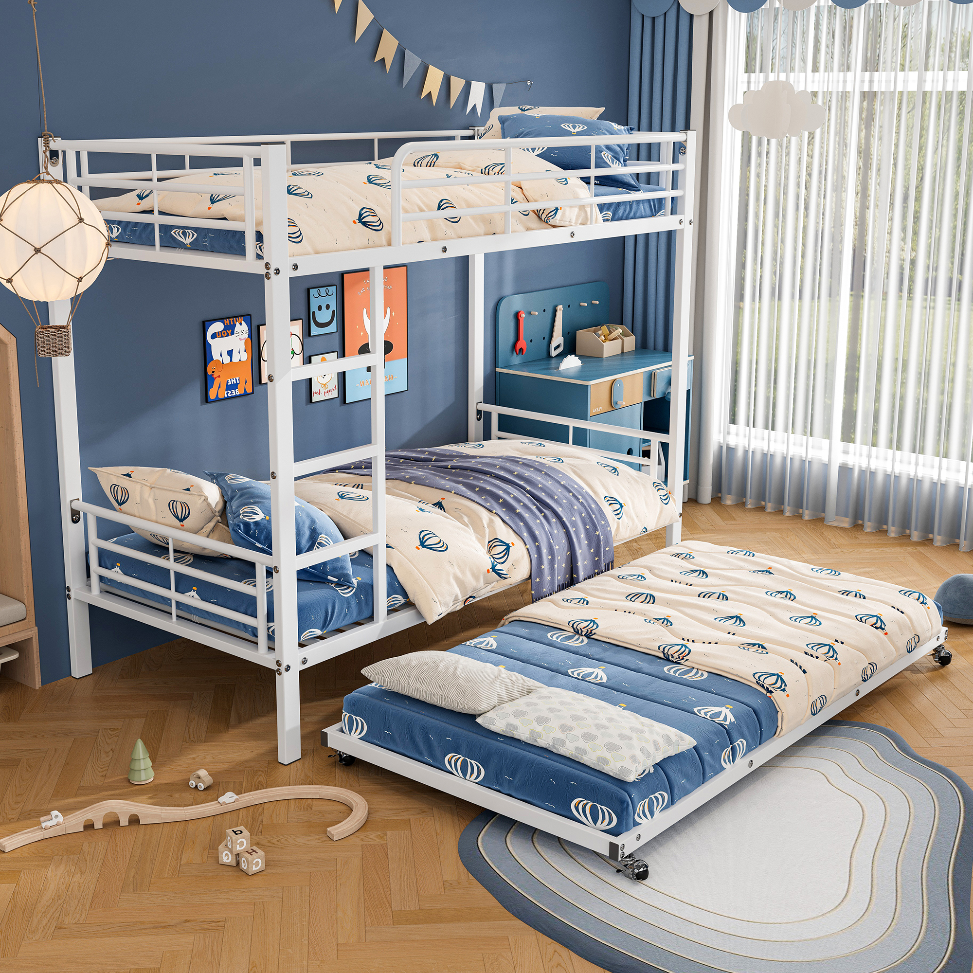 MODFU Etagenbett,Kinderbett,Eisenbett,Geeignet für Kinder und Jugendliche, mit Ausziehbett, vier Seitengitter am oberen Bett, Eisen, Weiß, 90x200cm&90x190cm,mit matratze