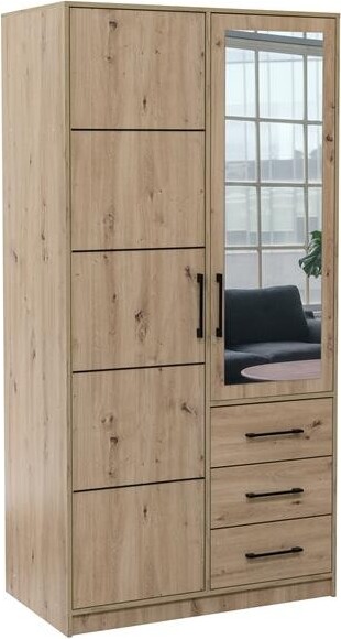 BETTSO Kleiderschrank mit Spiegel und Schubladen, 2 türiger Kleiderschrank Mehrzweckschrank, Praktischer COSTARICA 2D Eiche Artisan