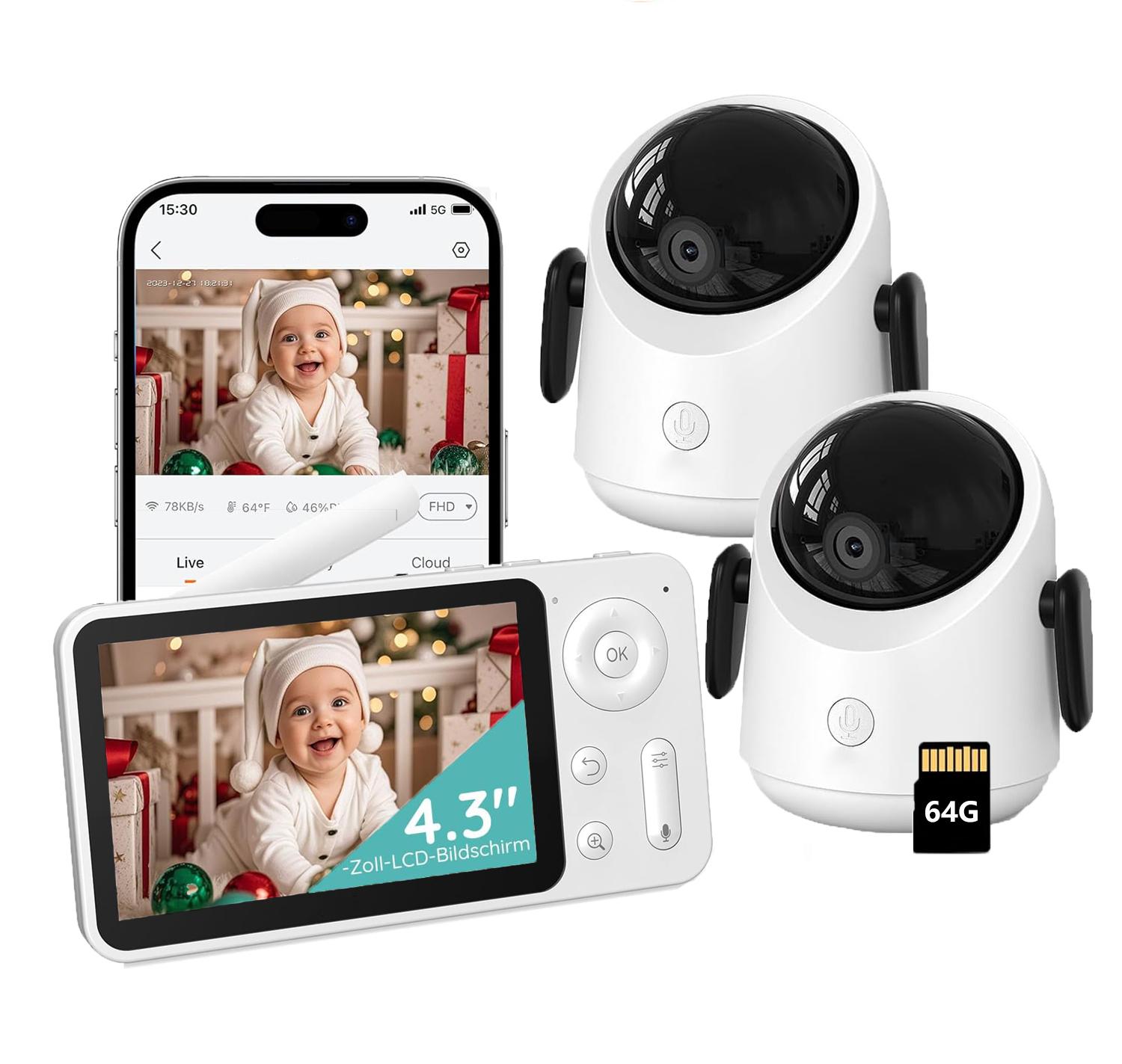 Avylet Babyphone mit 2 Kameras 360° WLAN 2MP Video Babyfon mit App 4×Zoom Bewegungsverfolgung IR Nachtsicht Weinen/Bewegungs/Geräuscherkennung mit 64G BM0032BKEUBF