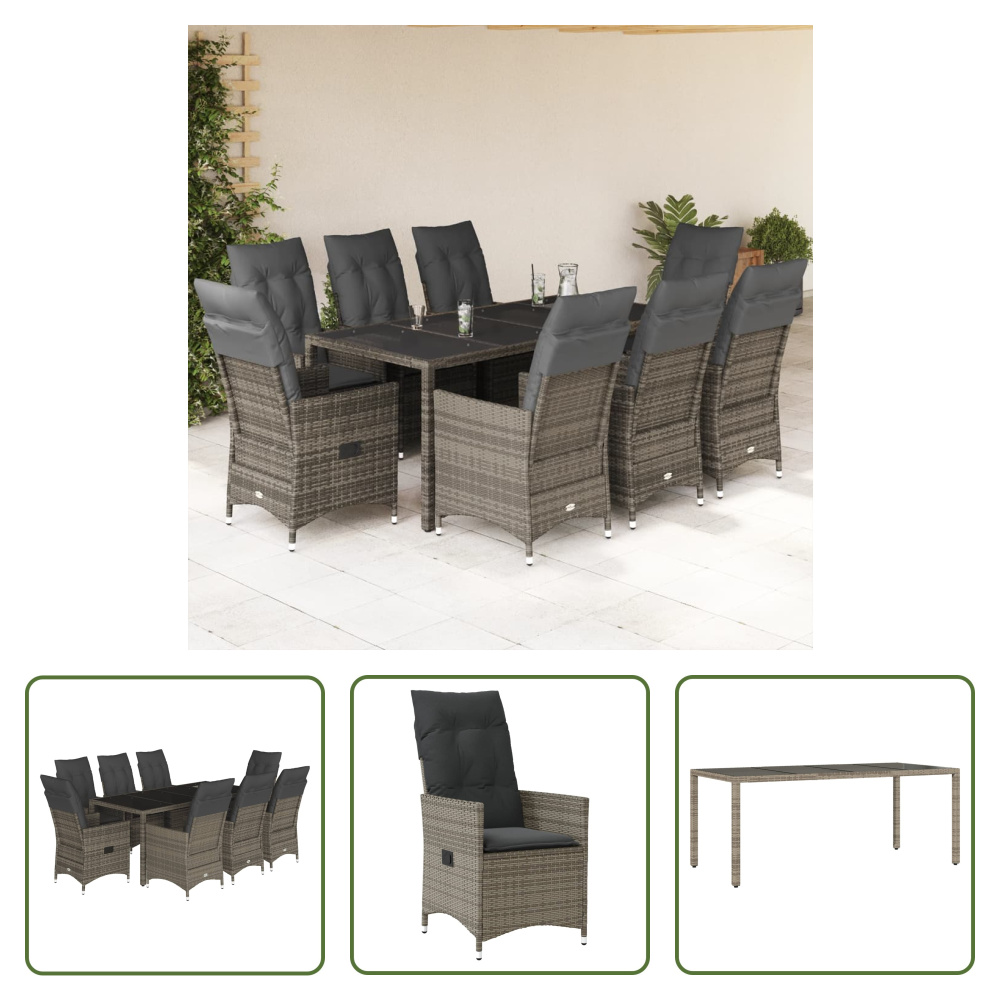 The Living Store 9-dielny záhradný jedálenský set s vankúšmi sivý polyratan
